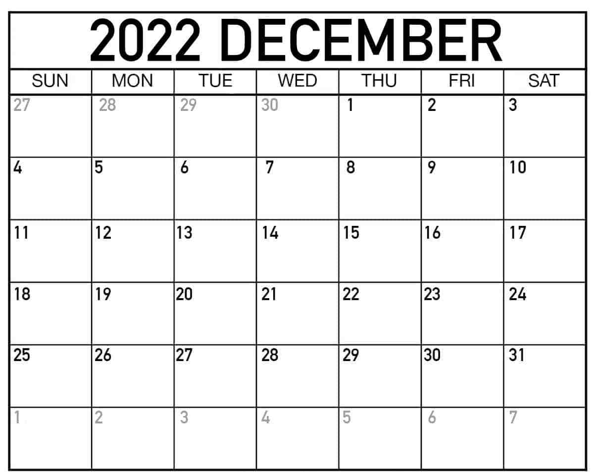 Free Printable December 2022 Calendar Template PDF, Word, Excel Formats