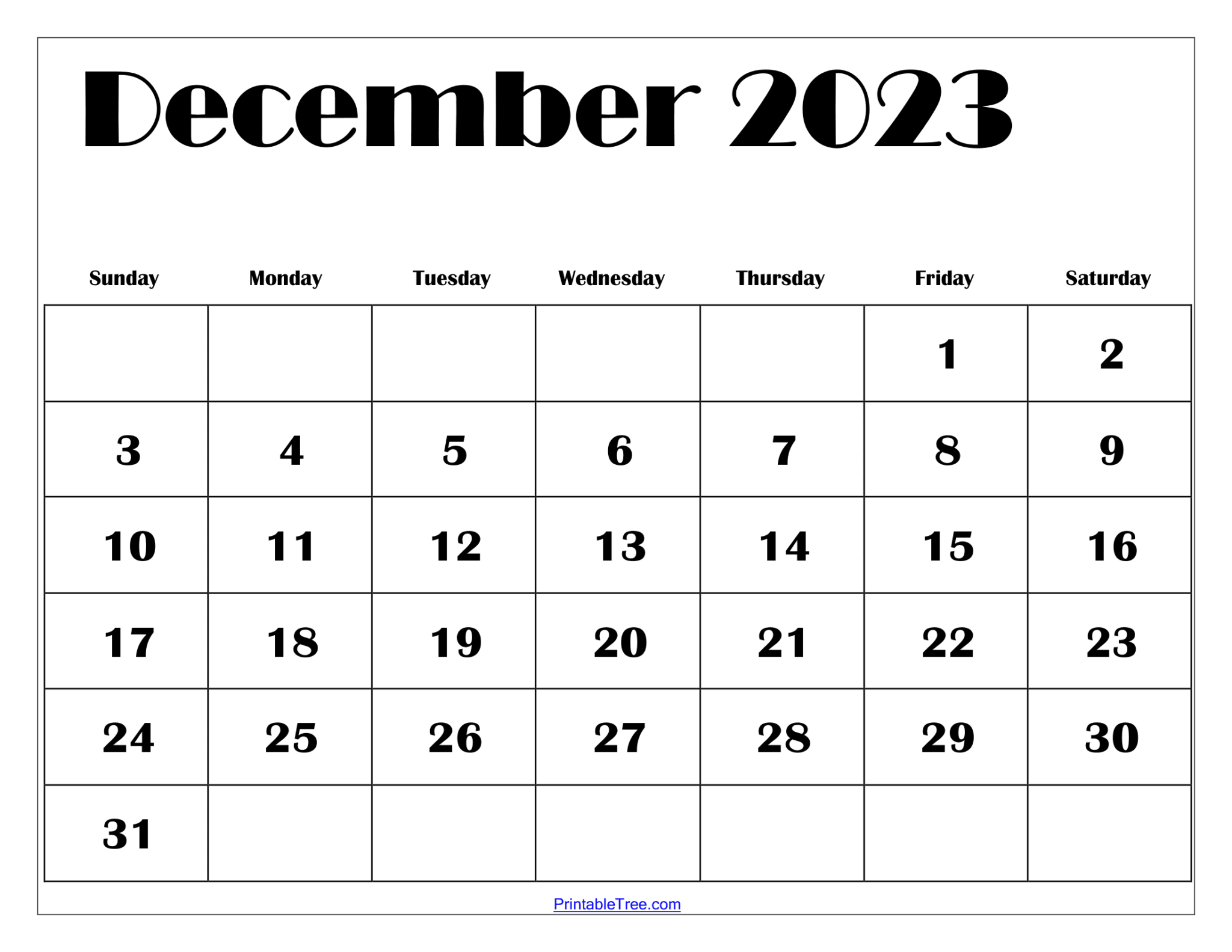 FREE Blank December 2023 Calendar Template Printable