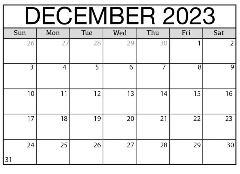 FREE Blank December 2023 Calendar Template Printable