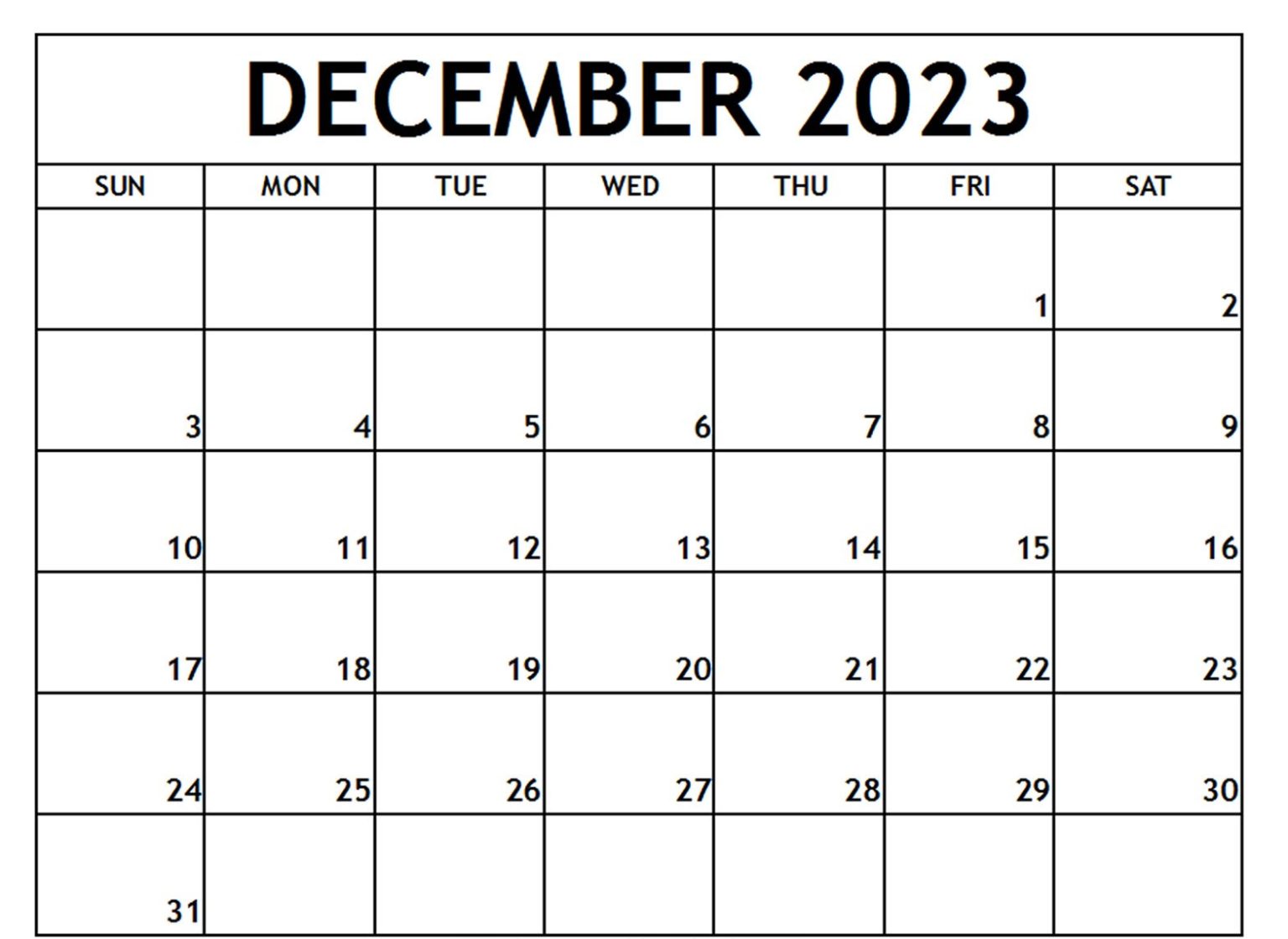 FREE Blank December 2023 Calendar Template Printable