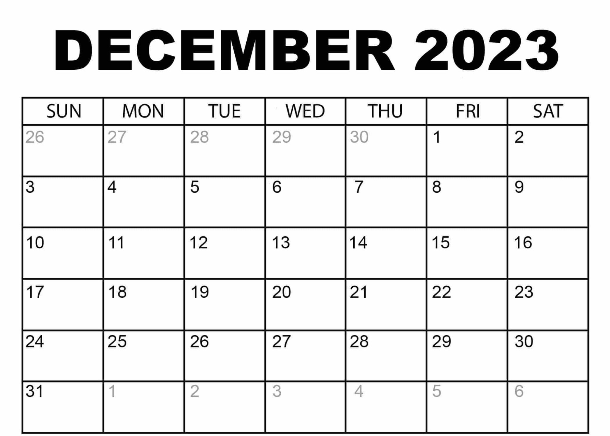 FREE Blank December 2023 Calendar Template Printable