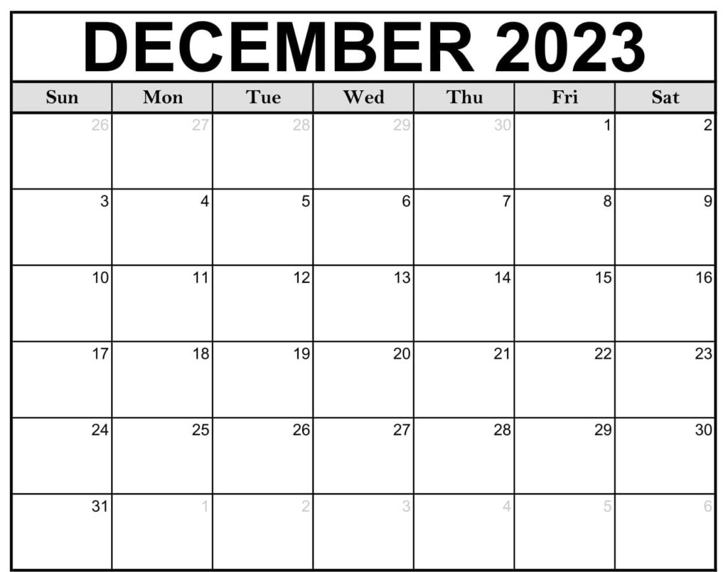 FREE Blank December 2023 Calendar Template Printable