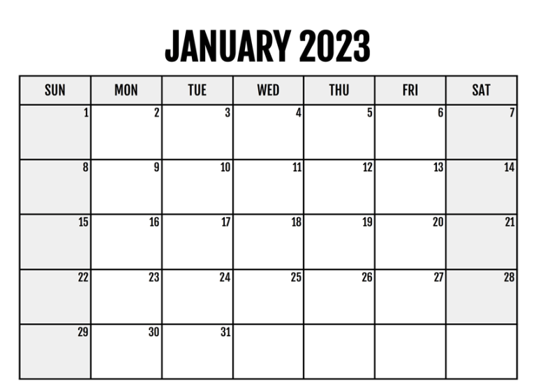 Blank January 2023 Calendar Template