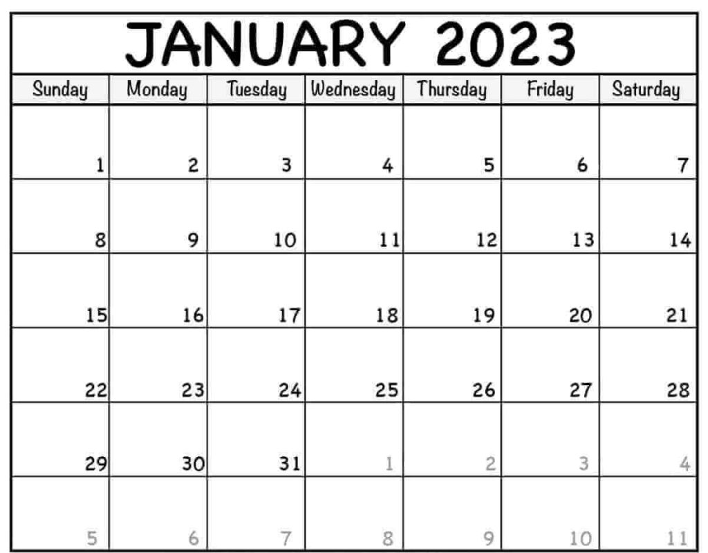 Blank January 2023 Calendar Template