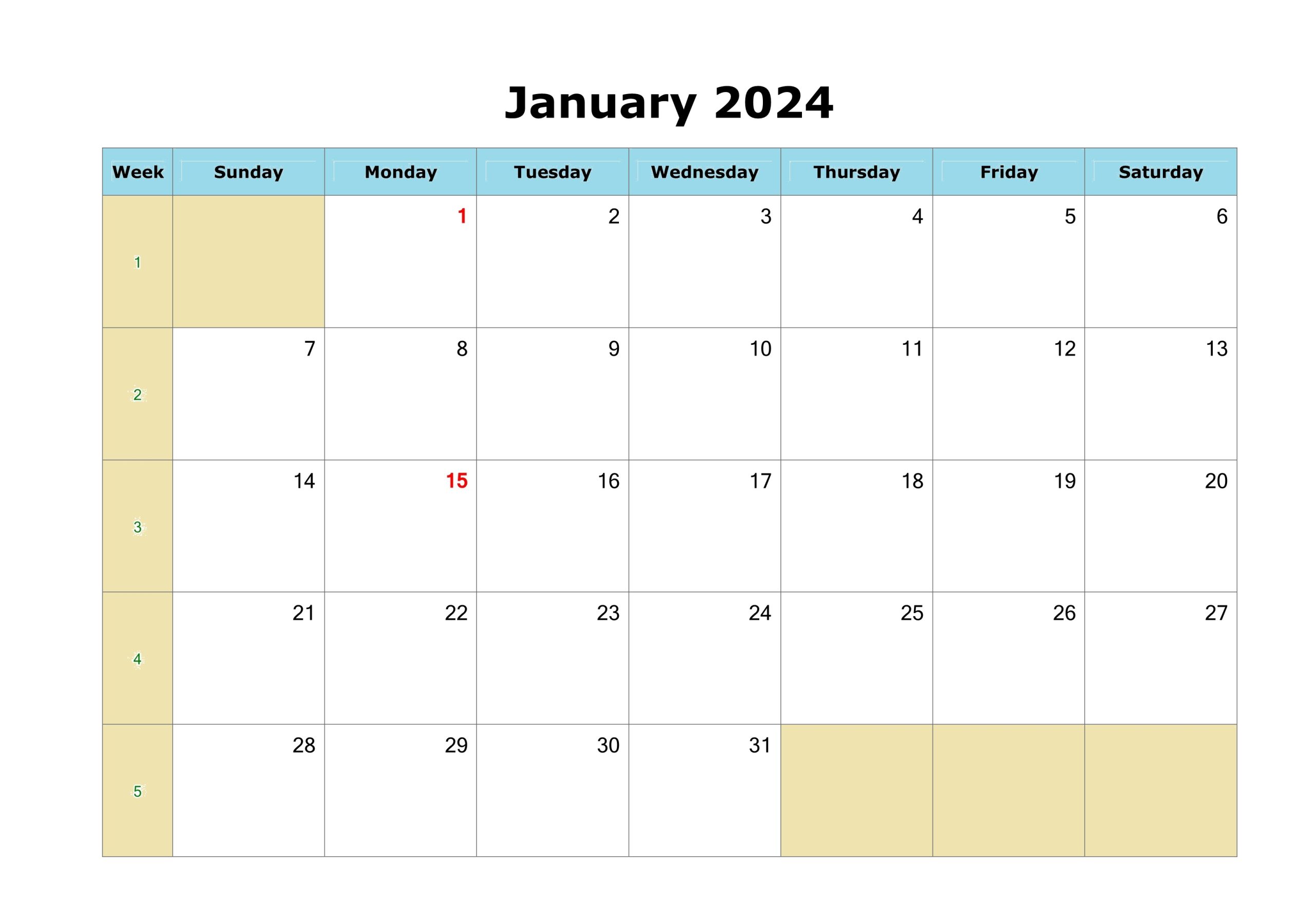 2024 January Calendar Blank Form 2024 Sharl Demetris