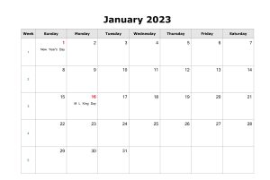 Blank January 2023 Calendar Template