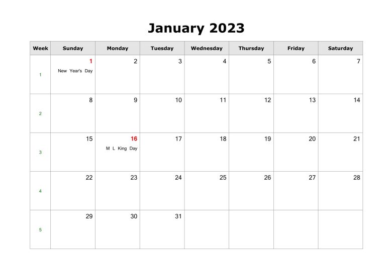 Blank January 2023 Calendar Template