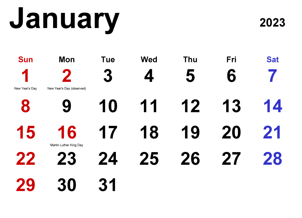 Free Printable January 2023 Calendar With Holidays Templates 8376