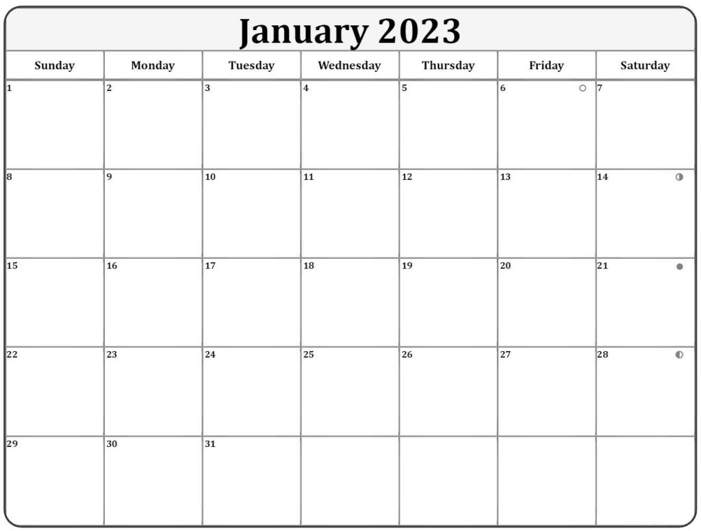 Lunar January 2023 Calendar Moon Phases Templates with Dates