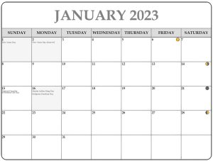 Lunar January 2023 Calendar Moon Phases Templates with Dates