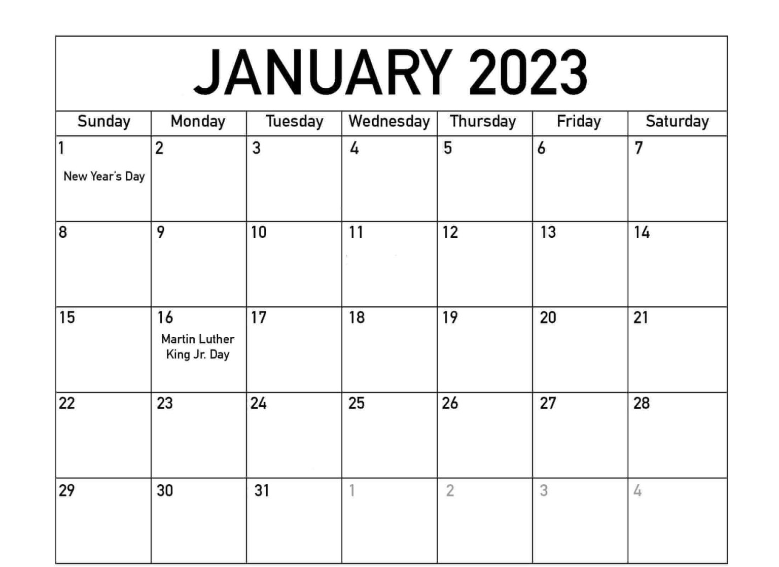 Free Printable January 2023 Calendar With Holidays Templates 4594