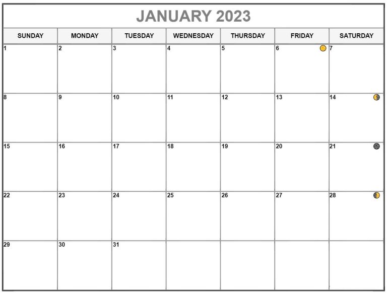 Lunar January 2023 Calendar Moon Phases Templates with Dates