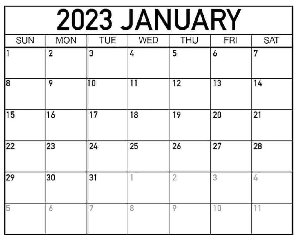 Blank January 2023 Calendar Template