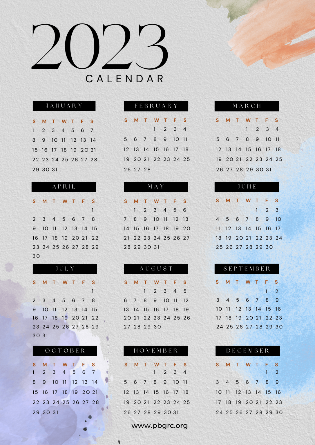 Free Printable 12 Month Calendar on one page 2023