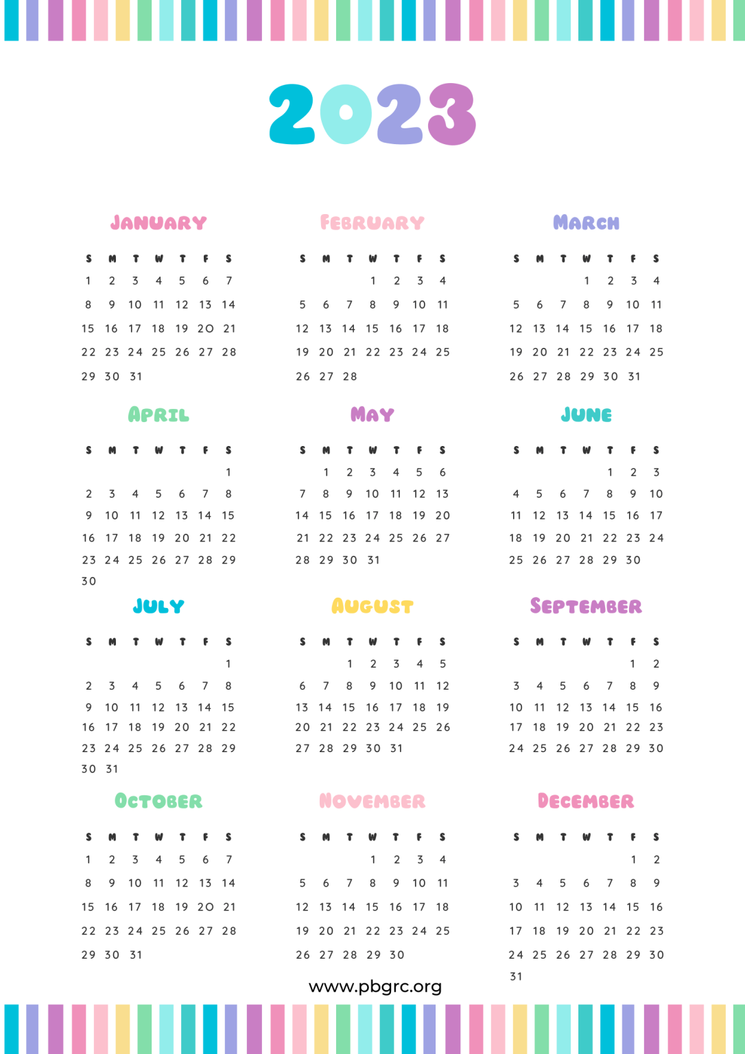 Free Printable 12 Month Calendar on one page 2023