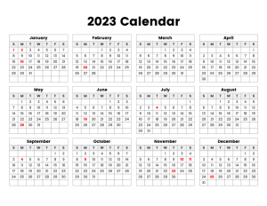 Free Printable 12 Month Calendar on one page 2023