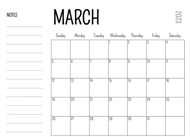 March 2023 Calendar Printable Template for Word, Excel and PDF