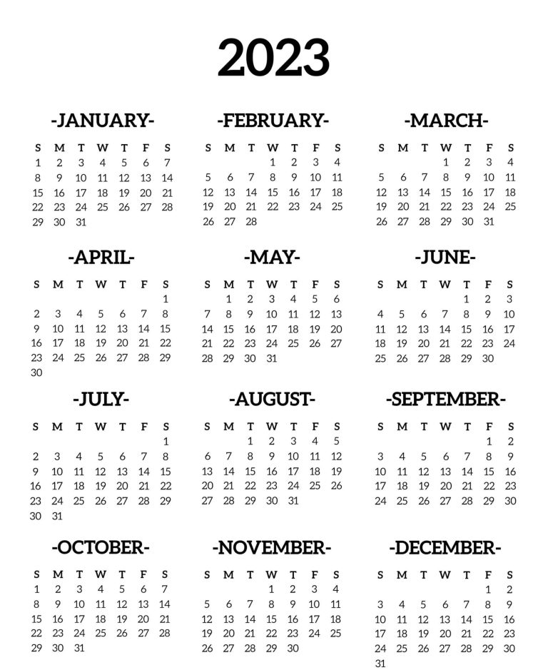 Free Printable 12 Month Calendar on one page 2023