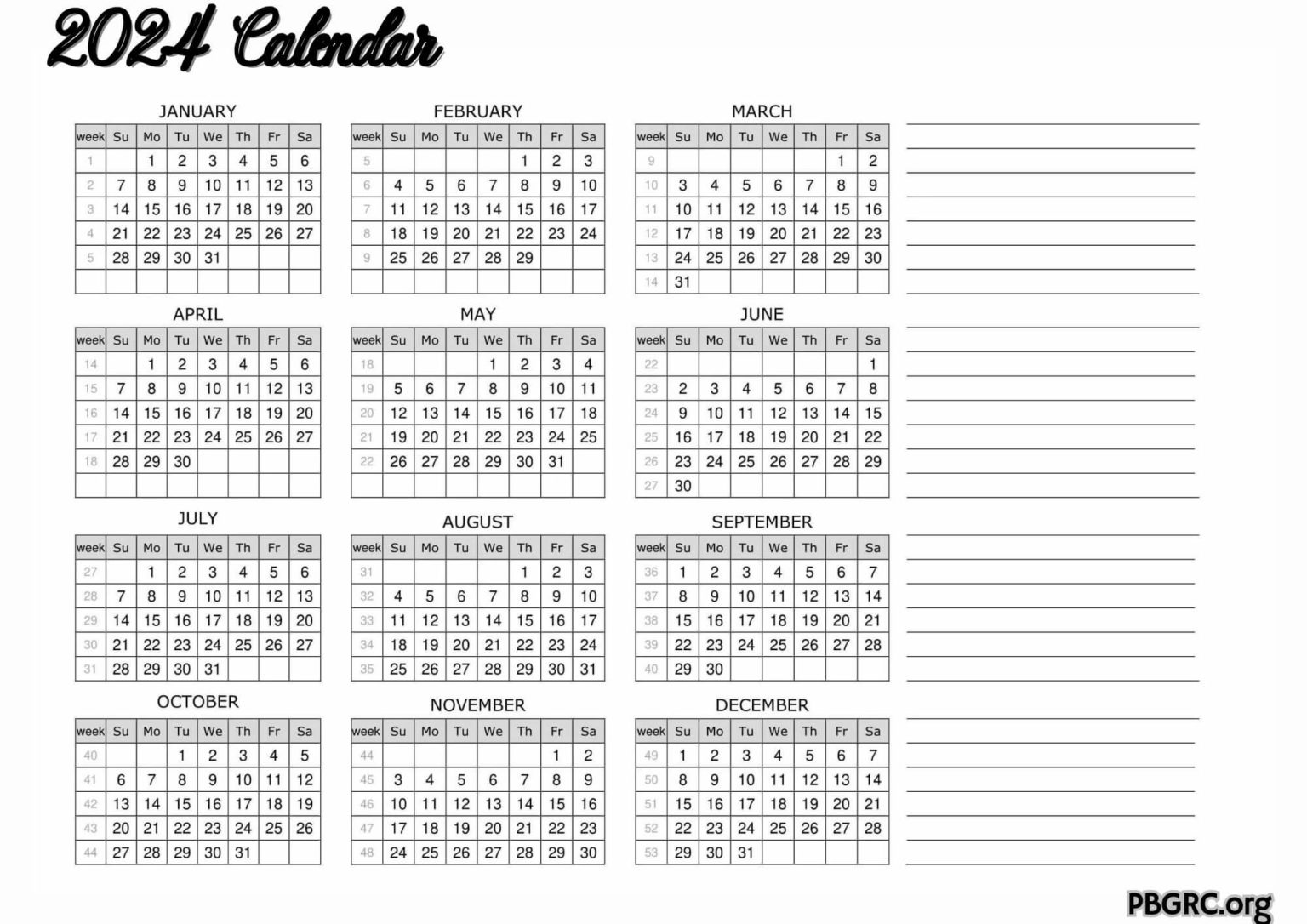 Free Printable 2024 Blank Calendar Template with Notes