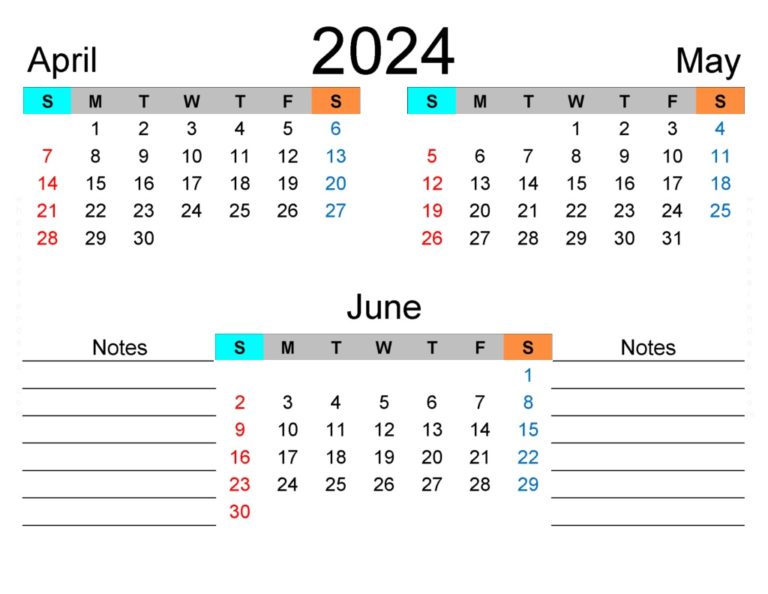 April May June 2024 Calendar Printable Templates