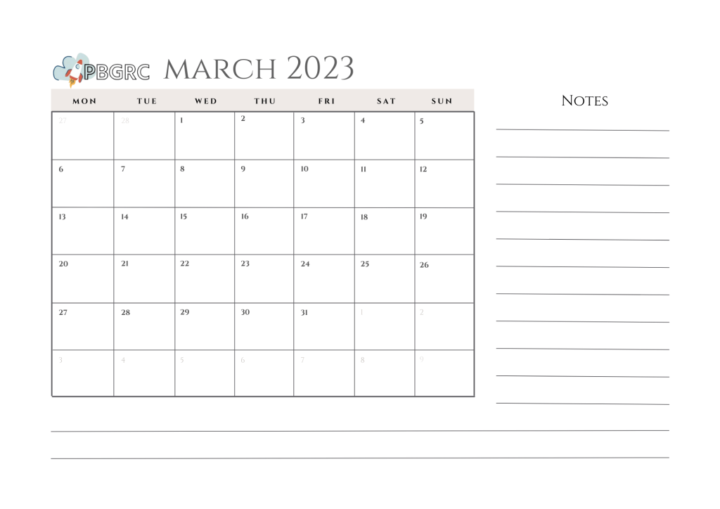 Blank March Calendar 2023 Templates