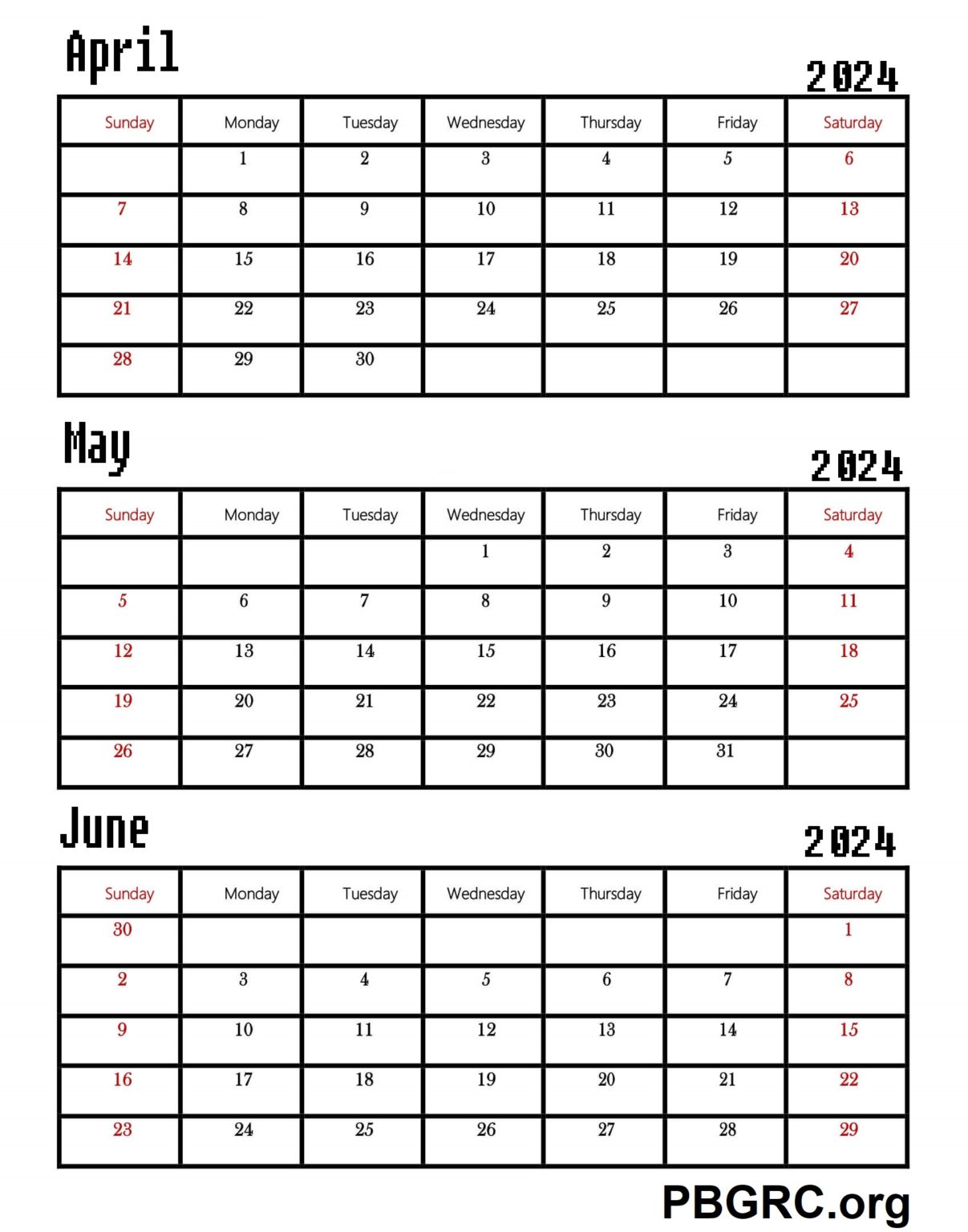 April May June 2024 Calendar Printable Templates