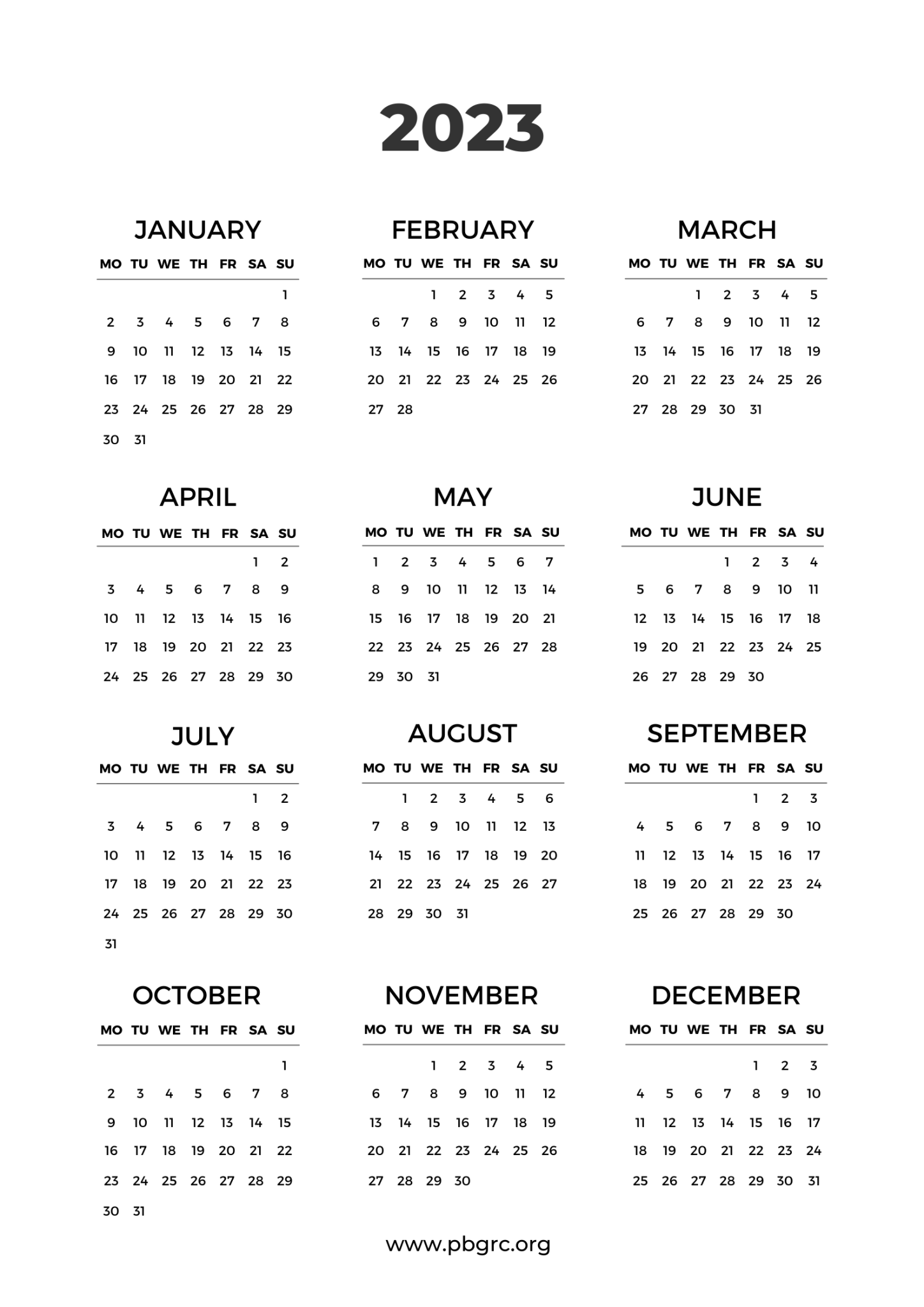 Free Printable 12 Month Calendar on one page 2023