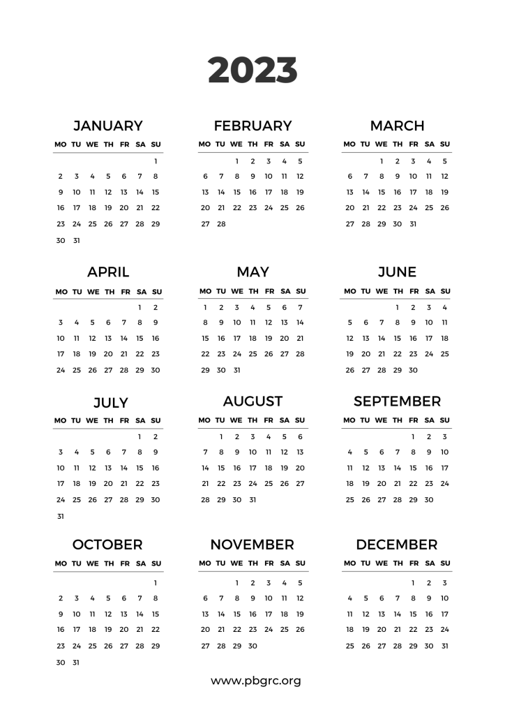 Free Printable 12 Month Calendar on one page 2023