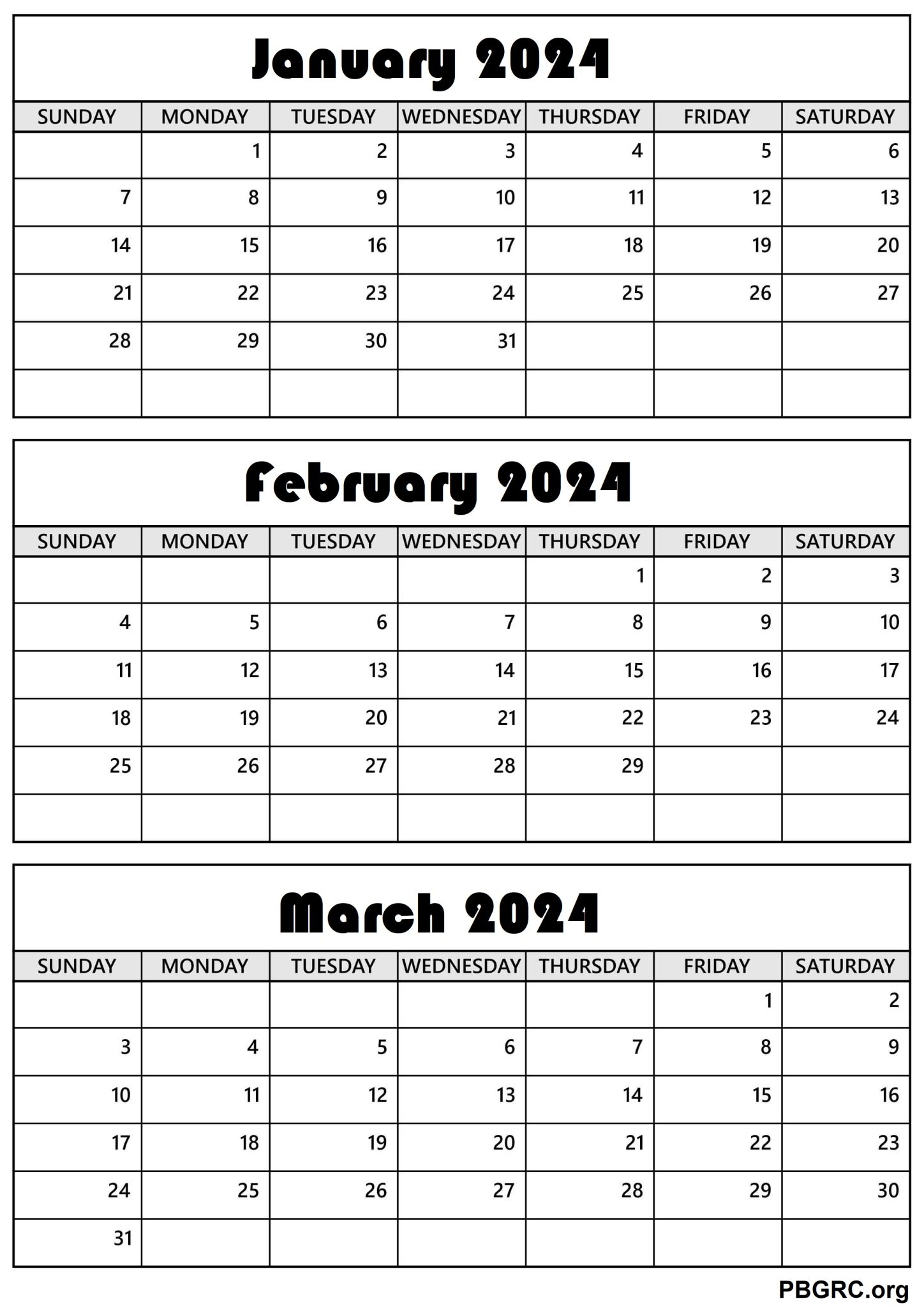 January February March Calendar 2024 Printable Template