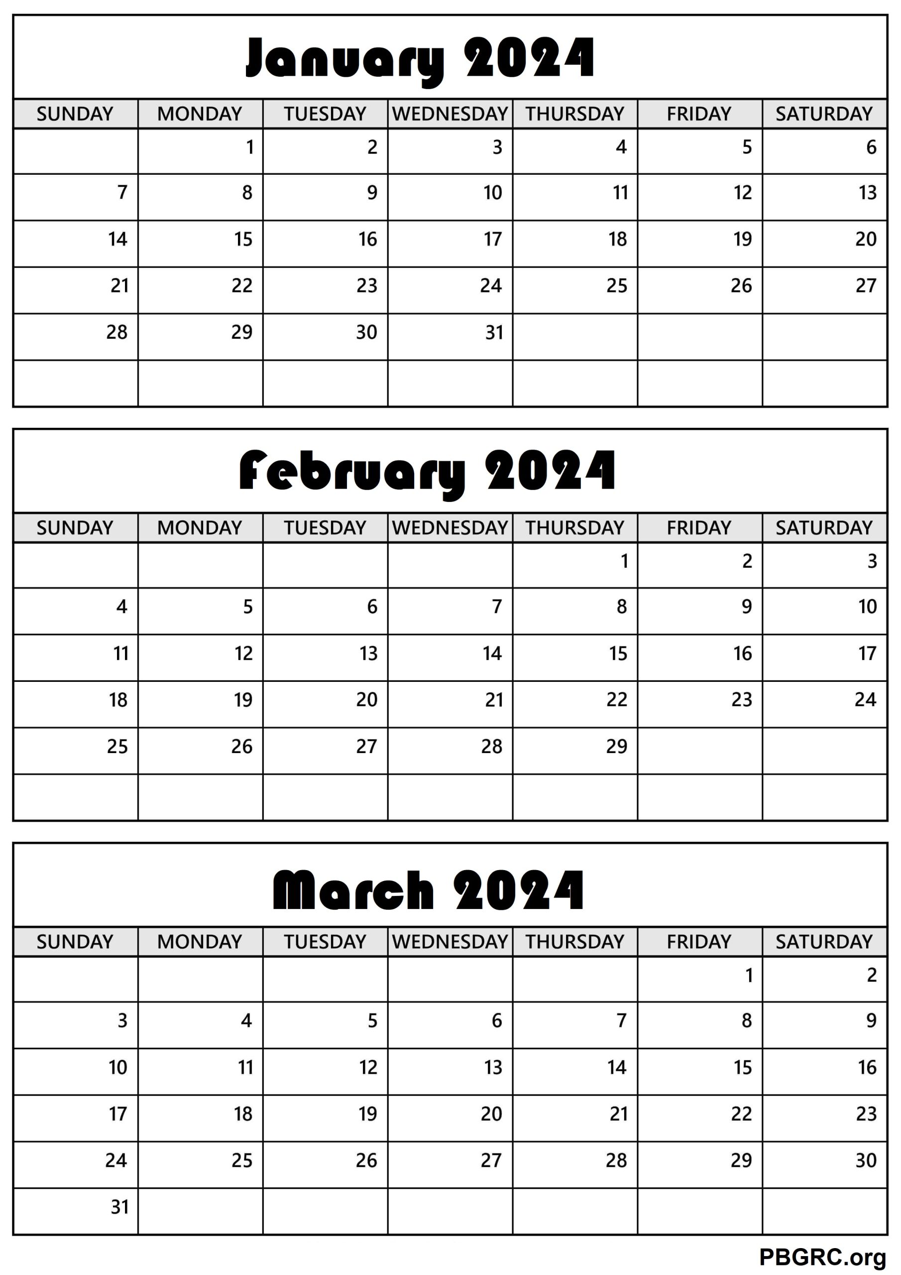 January February March Calendar 2024 Printable Template