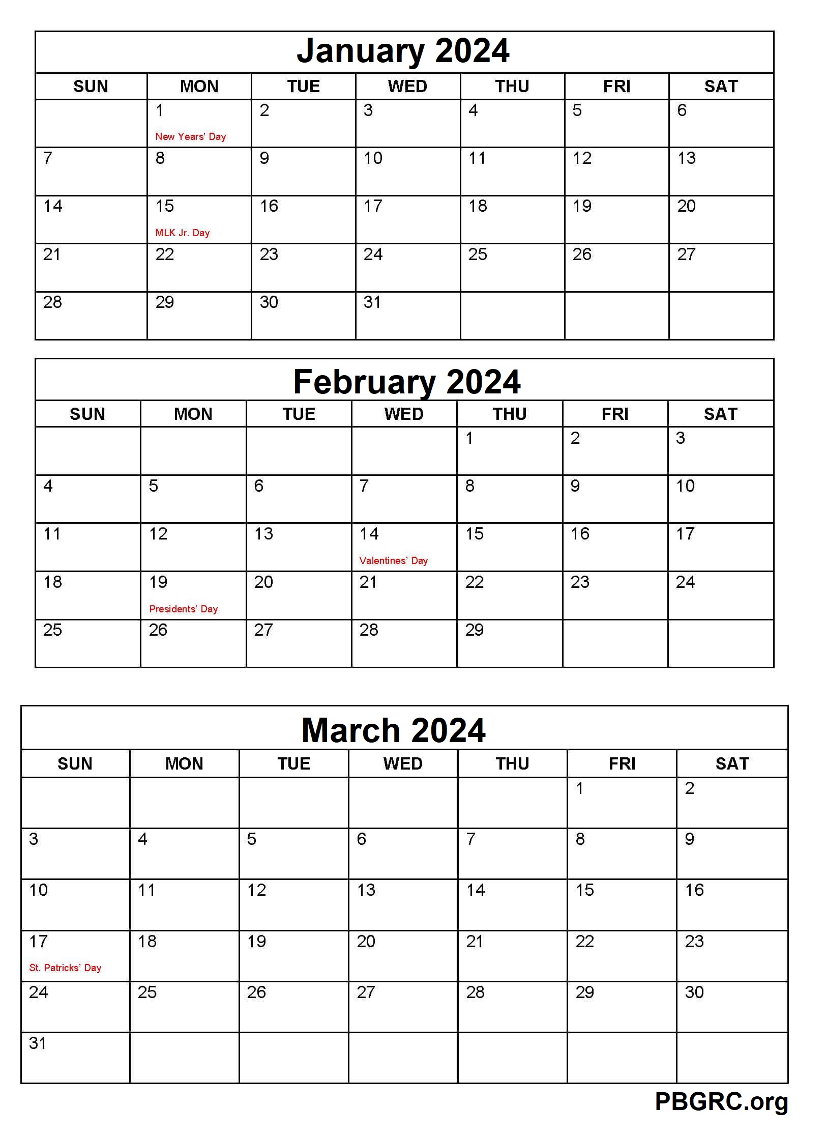 January February March Calendar 2024 Printable Template