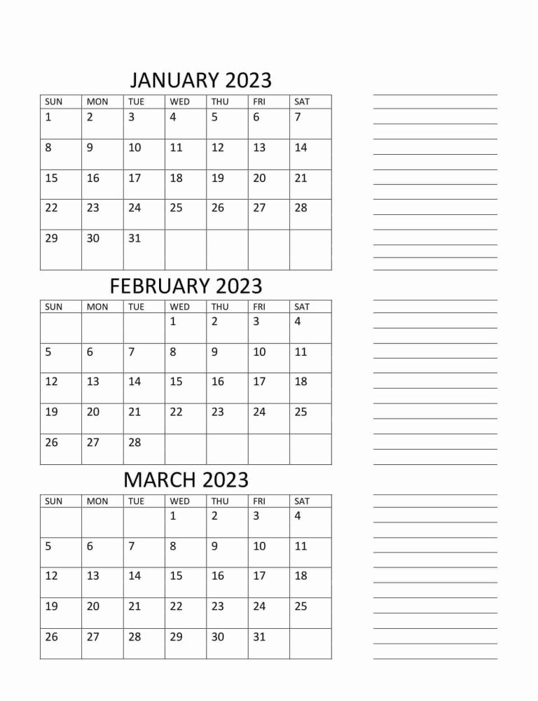 January February March Calendar 2023 Printable Template