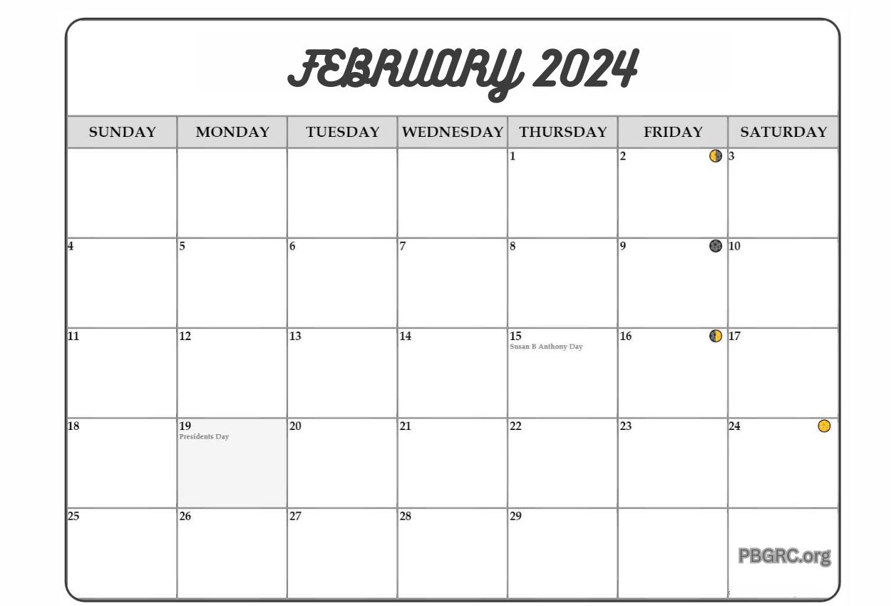 Lunar February 2024 Calendar Moon Phases with Dates