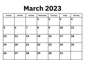 March 2023 Calendar Printable Template for Word, Excel and PDF
