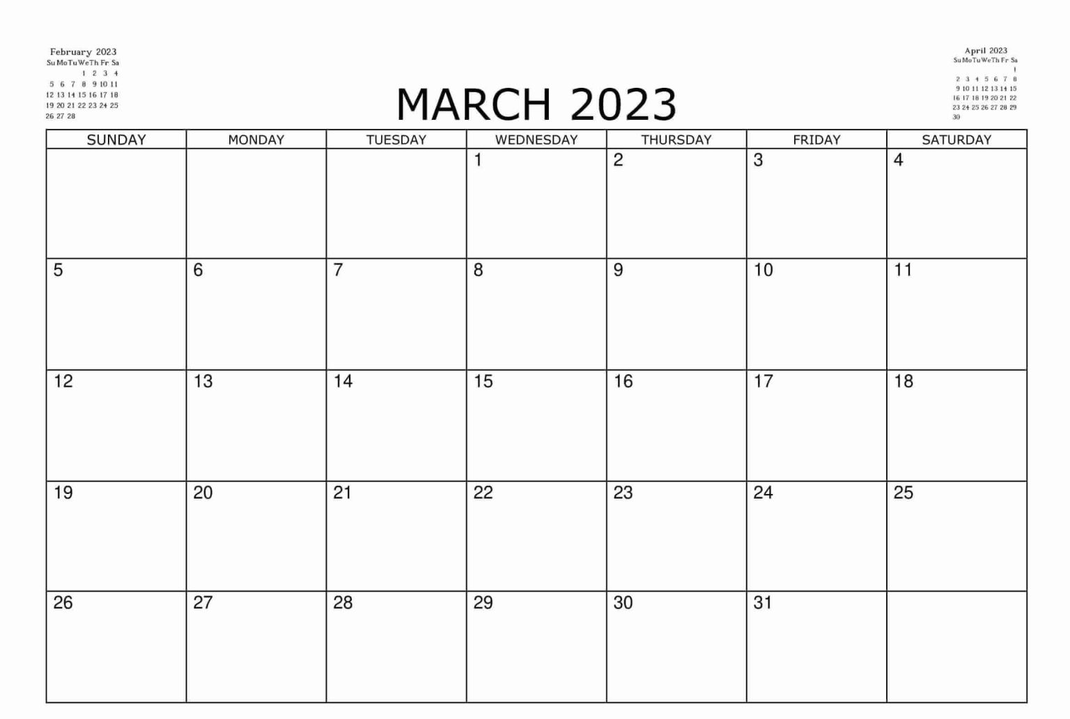 March 2023 Calendar Printable Template for Word, Excel and PDF