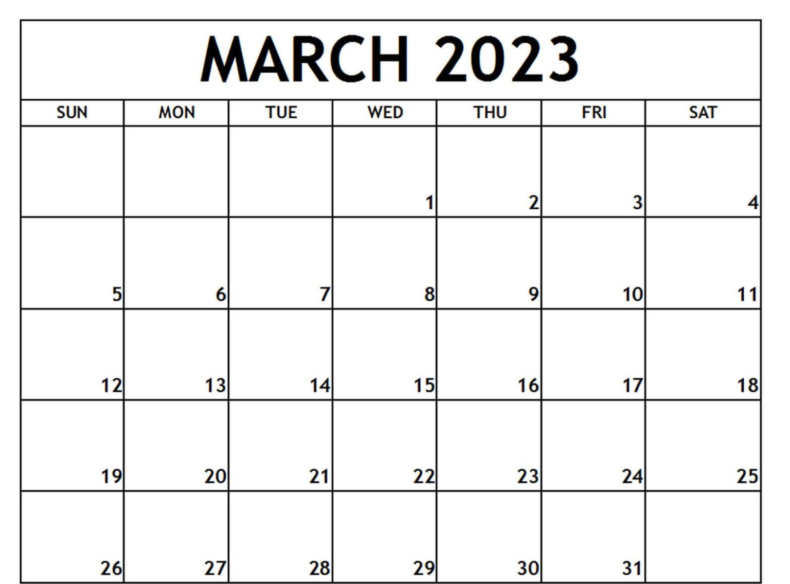 March 2023 Calendar Printable Template for Word, Excel and PDF