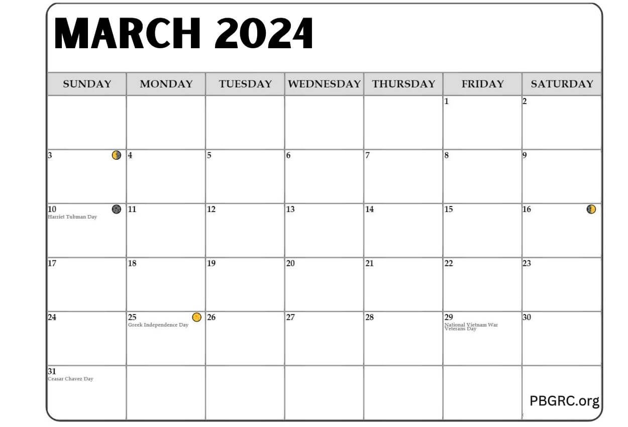 Moon Phases Calendar for March 2024