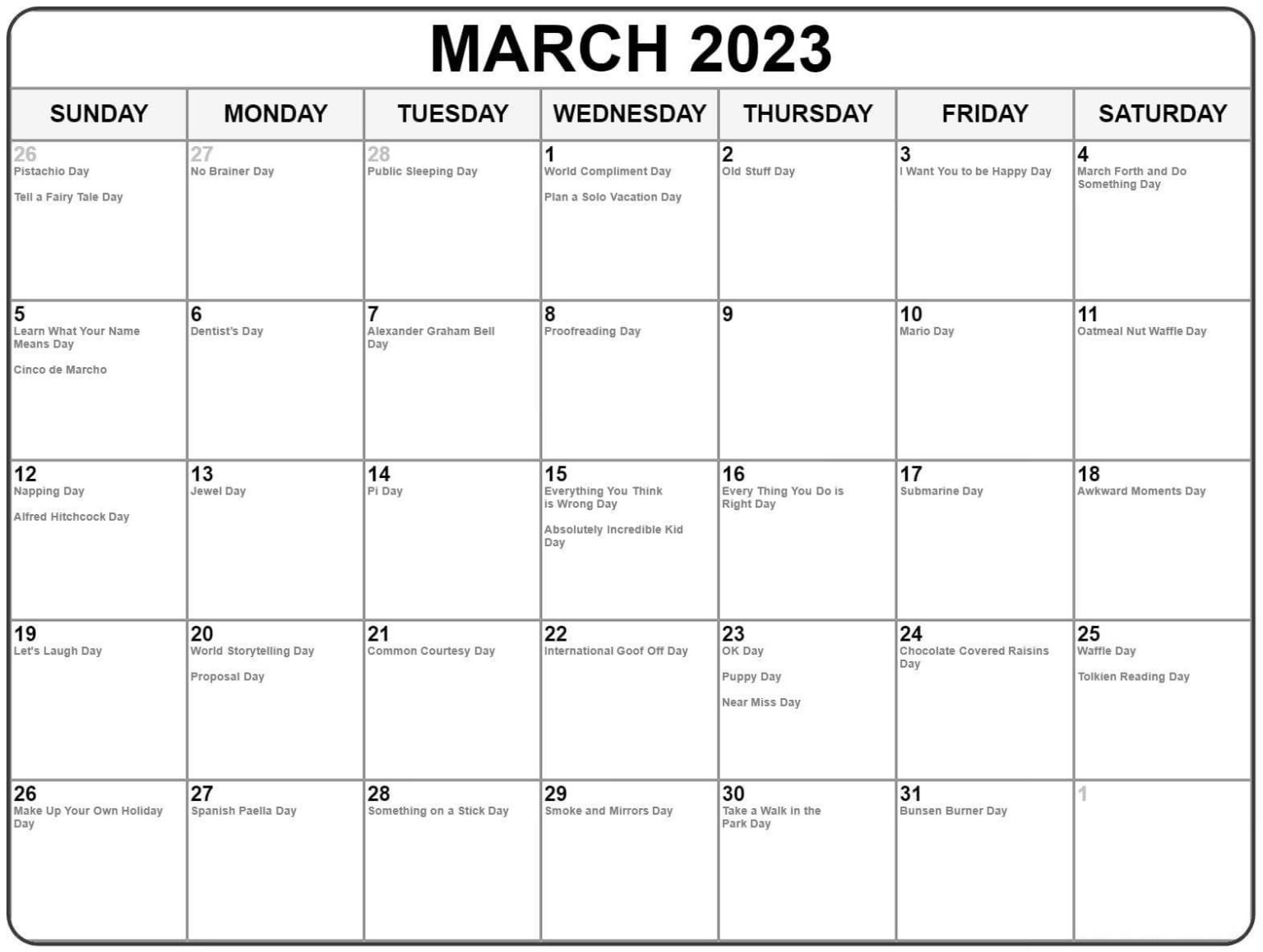 March 2023 Calendar with Holidays Templates