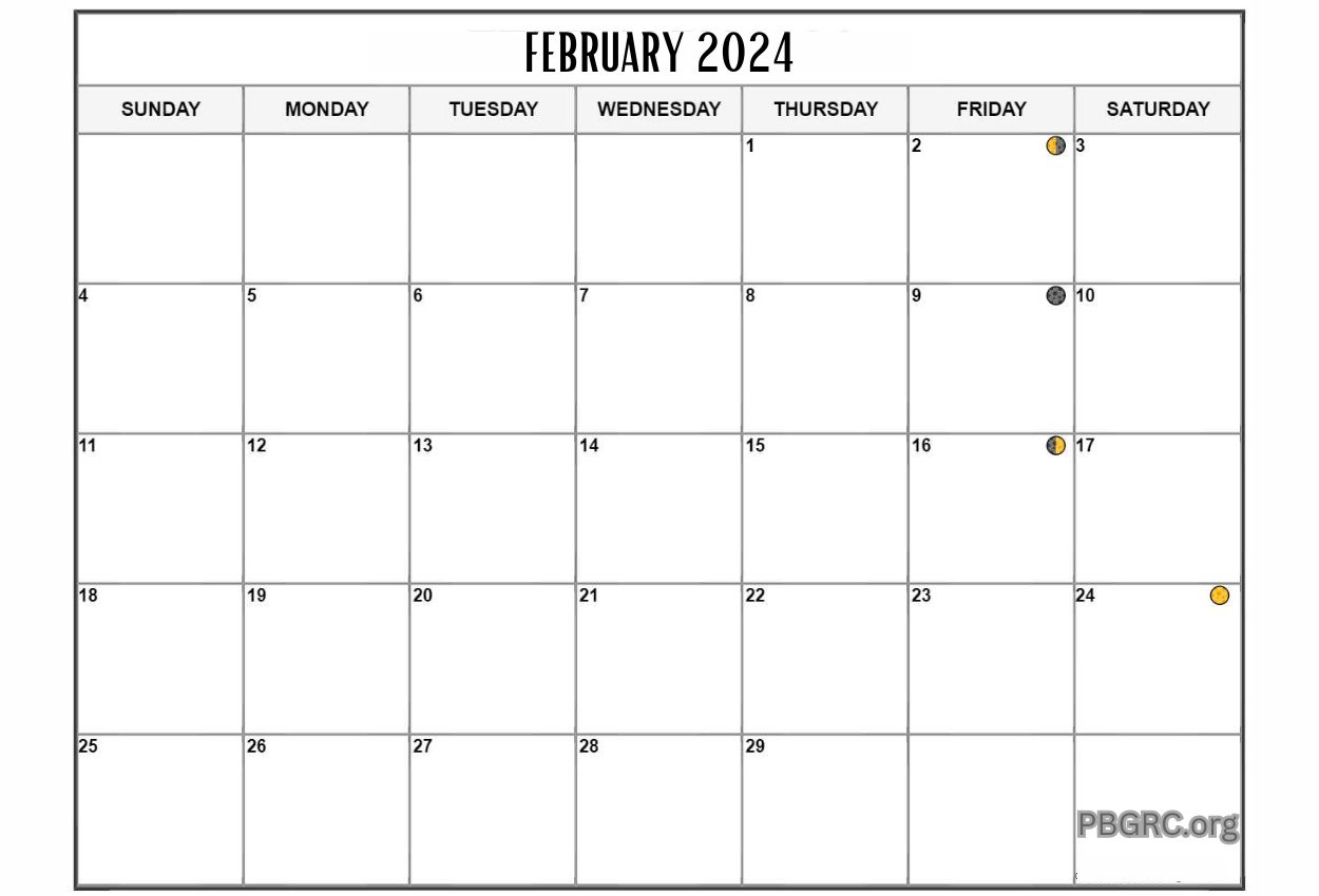 Lunar February 2024 Calendar Moon Phases with Dates