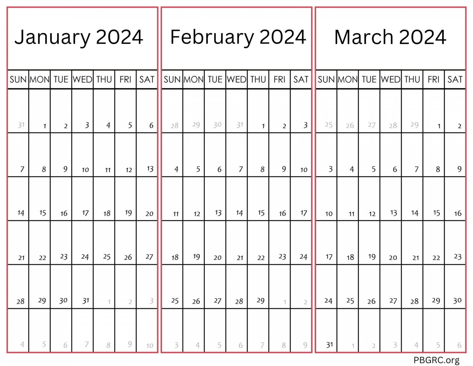 January February March Calendar 2024 Printable Template