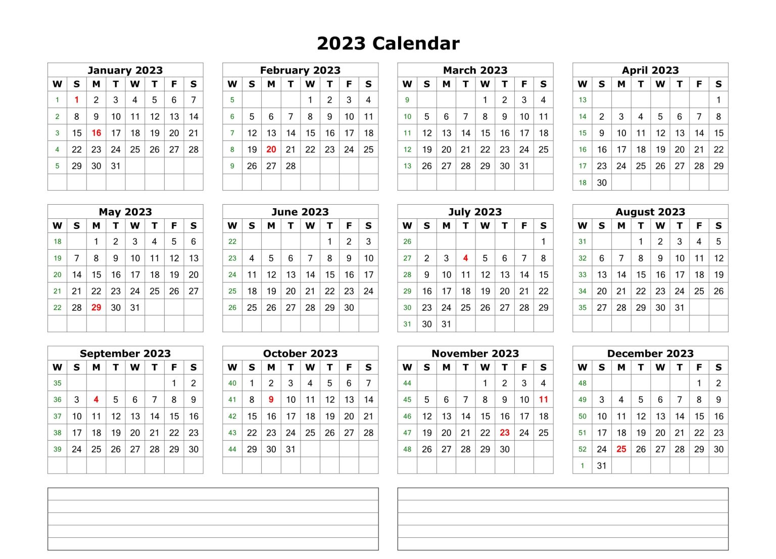 Free Printable 2023 Blank Calendar Template with Notes