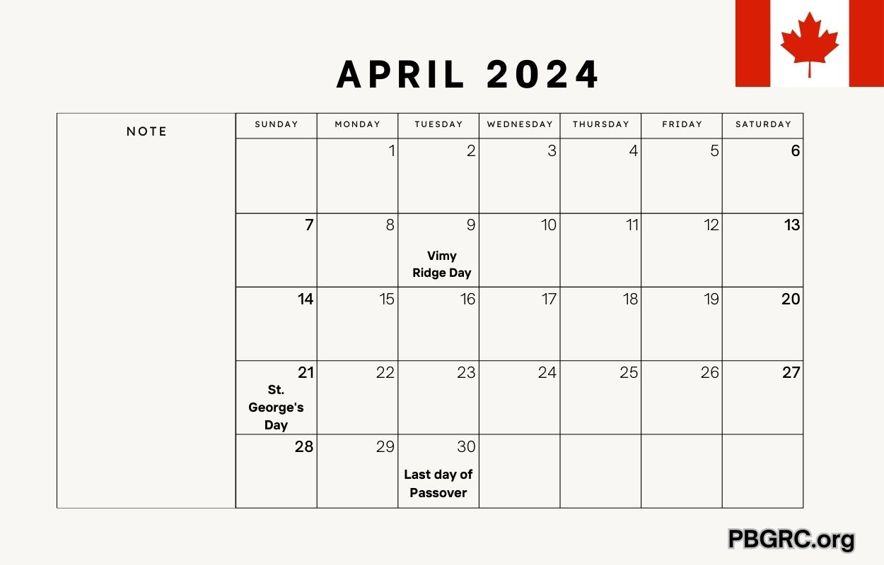 April 2024 Calendar Holidays with Dates