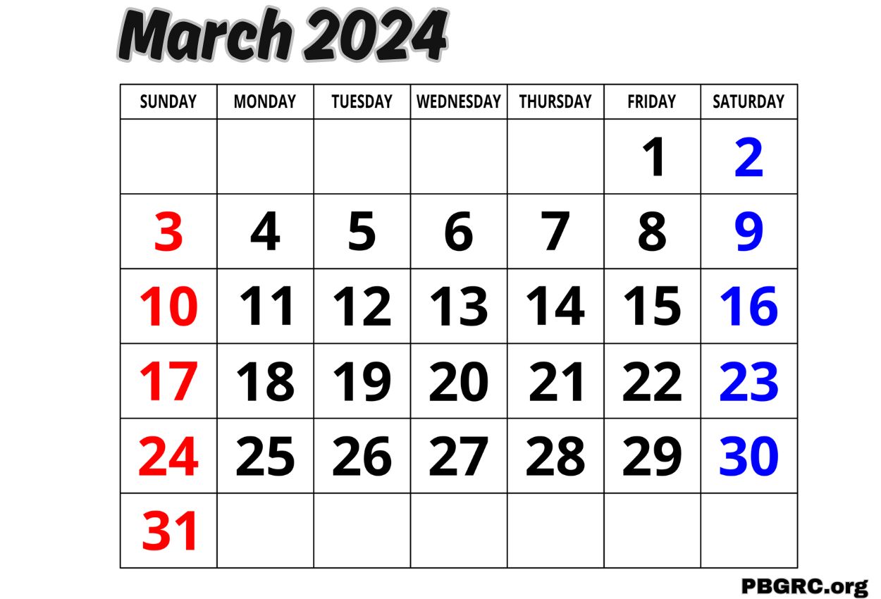 Free Calendar for March 2024 in PDF, Word, Excel To Print