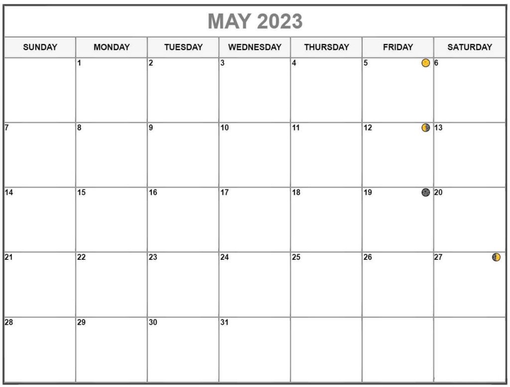 Lunar May 2023 Calendar Moon Phases with Dates