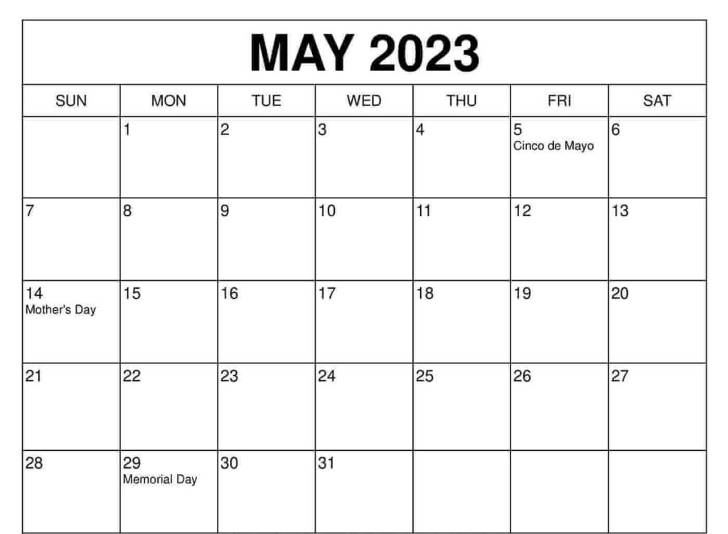 May 2023 Calendar Holidays With Dates