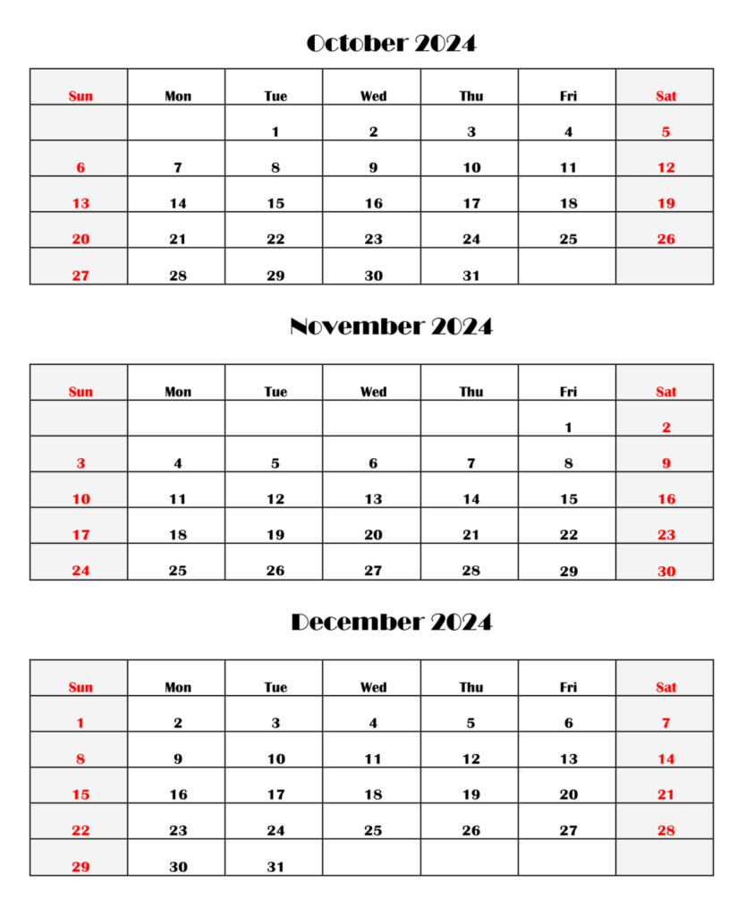 October November December 2024 Calendar Printable Templates