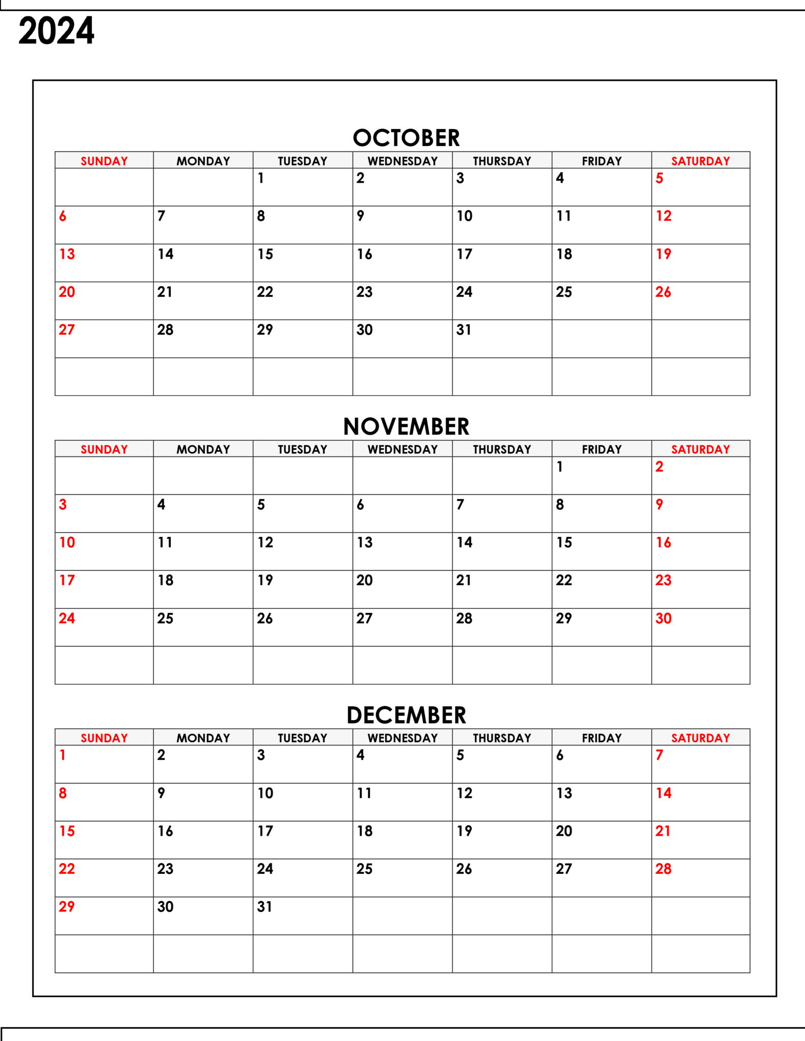 October November December 2024 Calendar Printable Templates