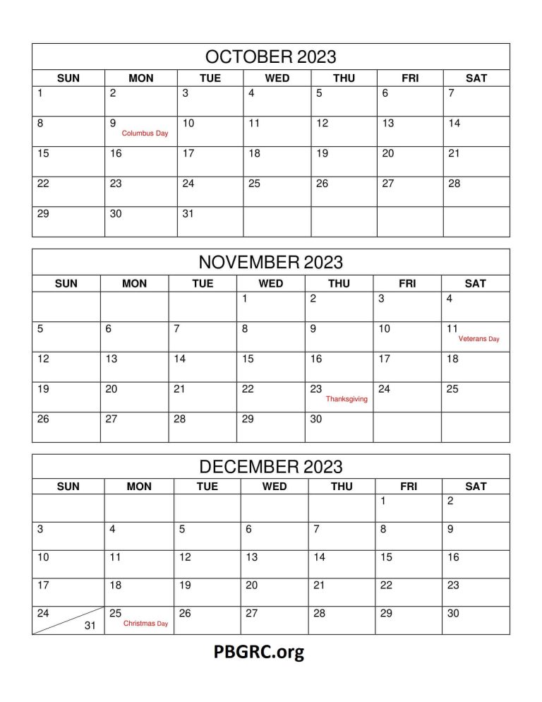 October November December 2023 Calendar Printable Templates