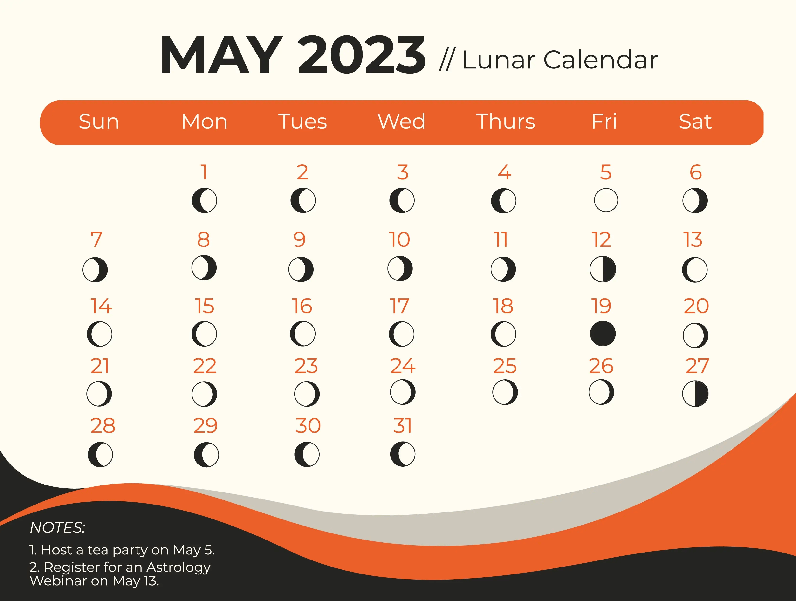 Lunar May 2023 Calendar Moon Phases with Dates