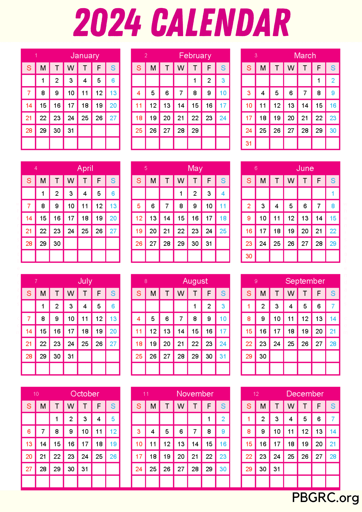 Free Printable 12 Month Calendar on one page 2024